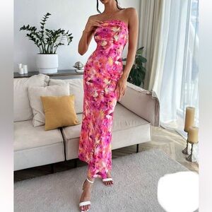 Shein hot pink tropical floral maxi strapless vacy dress size L